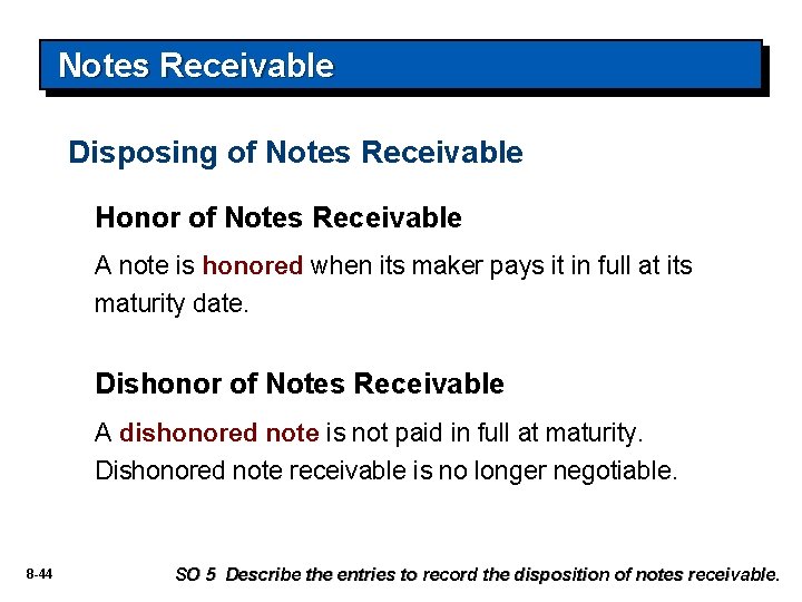 Notes Receivable Disposing of Notes Receivable Honor of Notes Receivable A note is honored
