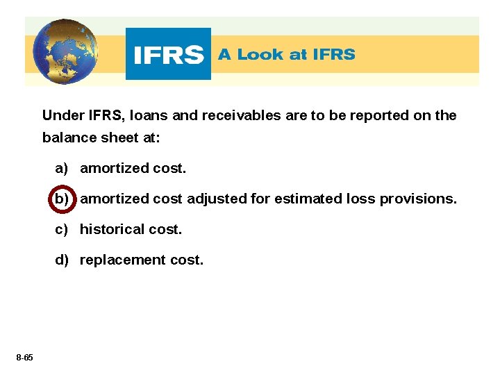 Under IFRS, loans and receivables are to be reported on the balance sheet at: