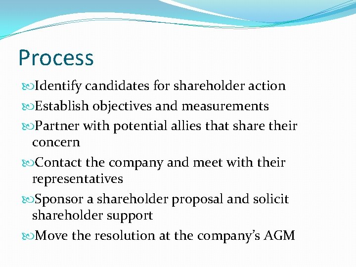 Process Identify candidates for shareholder action Establish objectives and measurements Partner with potential allies Process Identify candidates for shareholder action Establish objectives and measurements Partner with potential allies