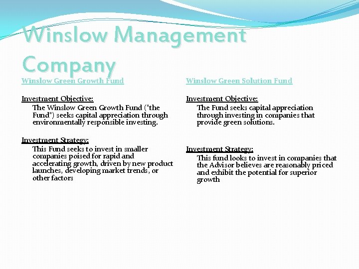 Winslow Management Company Winslow Green Growth Fund Winslow Green Solution Fund Investment Objective: The Winslow Management Company Winslow Green Growth Fund Winslow Green Solution Fund Investment Objective: The