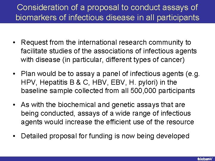 Consideration of a proposal to conduct assays of biomarkers of infectious disease in all