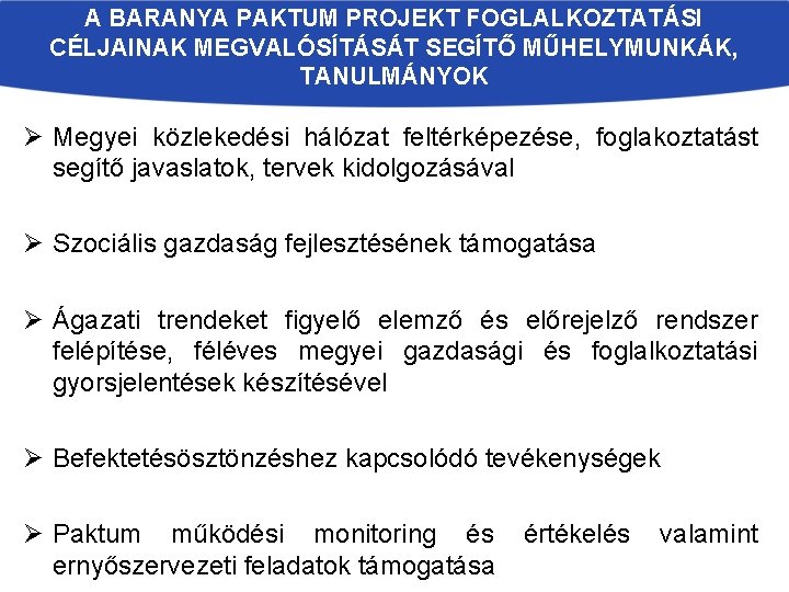 A BARANYA PAKTUM PROJEKT FOGLALKOZTATÁSI CÉLJAINAK MEGVALÓSÍTÁSÁT SEGÍTŐ MŰHELYMUNKÁK, TANULMÁNYOK Ø Megyei közlekedési hálózat