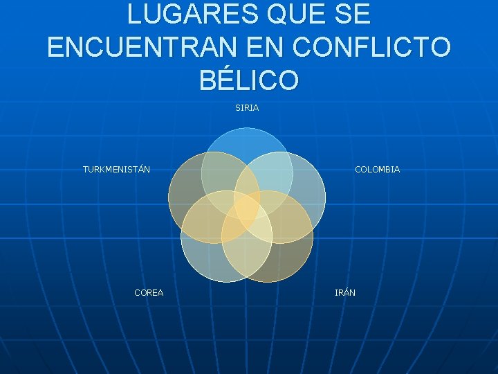 LUGARES QUE SE ENCUENTRAN EN CONFLICTO BÉLICO SIRIA TURKMENISTÁN COREA COLOMBIA IRÁN 