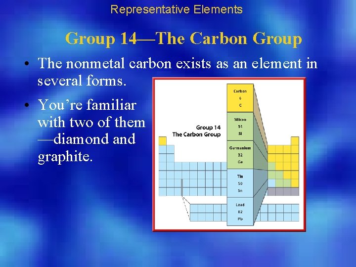 Representative Elements Group 14—The Carbon Group • The nonmetal carbon exists as an element