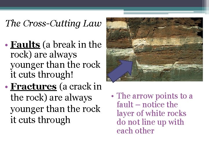 The Cross-Cutting Law • Faults (a break in the rock) are always younger than