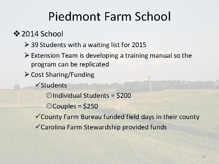 Piedmont Farm School v 2014 School Ø 39 Students with a waiting list for