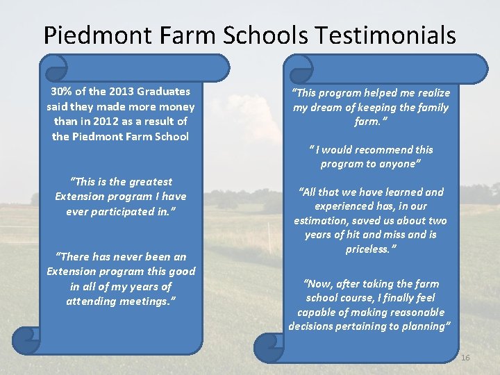 Piedmont Farm Schools Testimonials 30% of the 2013 Graduates said they made more money