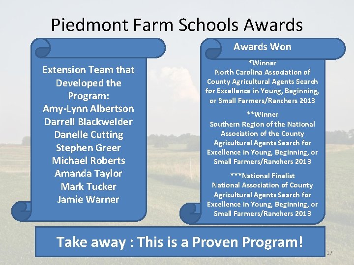 Piedmont Farm Schools Awards Won Extension Team that Developed the Program: Amy-Lynn Albertson Darrell