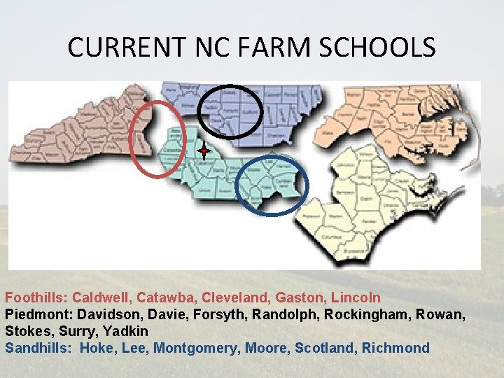 CURRENT NC FARM SCHOOLS Foothills: Caldwell, Catawba, Cleveland, Gaston, Lincoln Piedmont: Davidson, Davie, Forsyth,