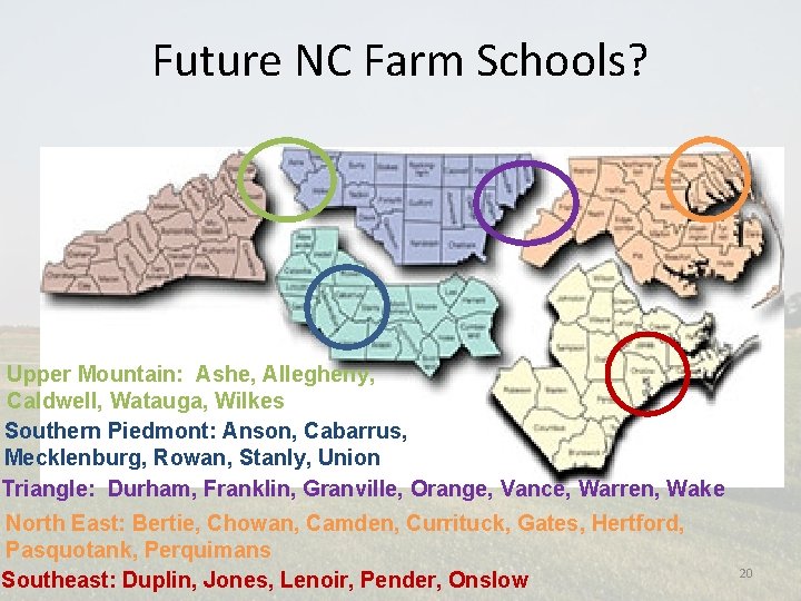 Future NC Farm Schools? Upper Mountain: Ashe, Allegheny, Caldwell, Watauga, Wilkes Southern Piedmont: Anson,