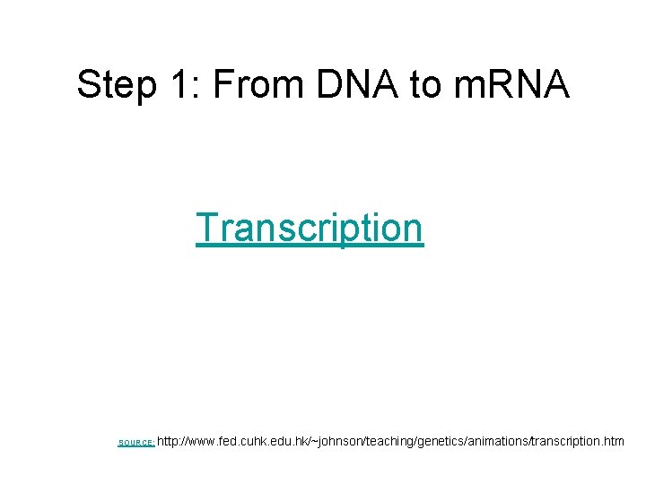 Step 1: From DNA to m. RNA Transcription SOURCE: http: //www. fed. cuhk. edu.