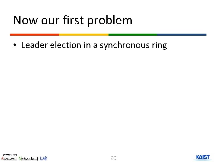 Now our first problem • Leader election in a synchronous ring 20 