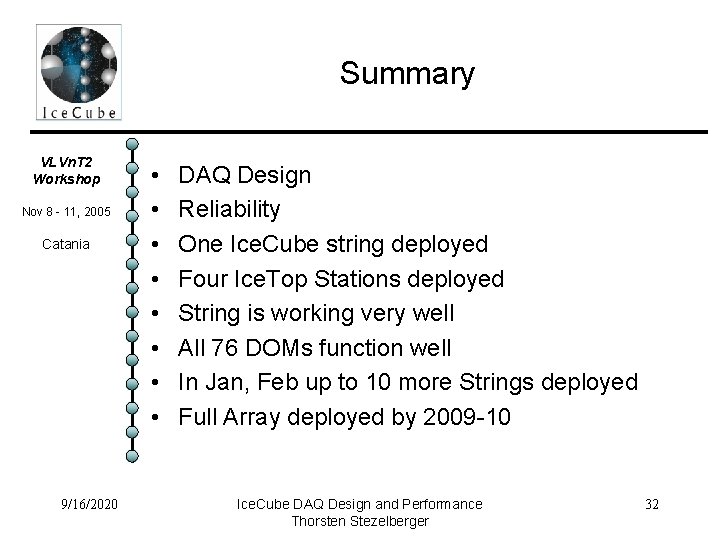 Summary VLVn. T 2 Workshop Nov 8 - 11, 2005 Catania 9/16/2020 • •