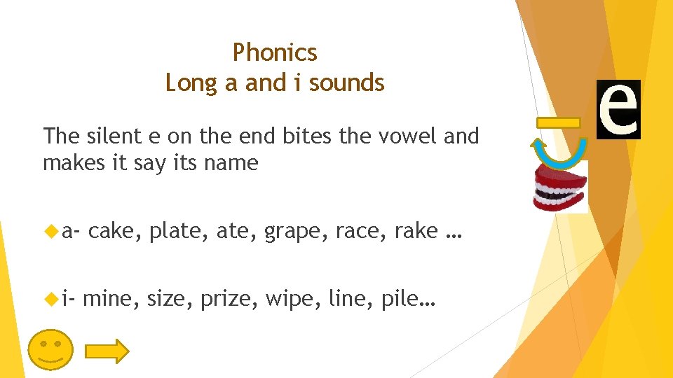 Phonics Long a and i sounds The silent e on the end bites the