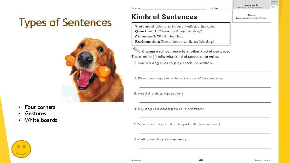 Types of Sentences • Four corners • Gestures • White boards 