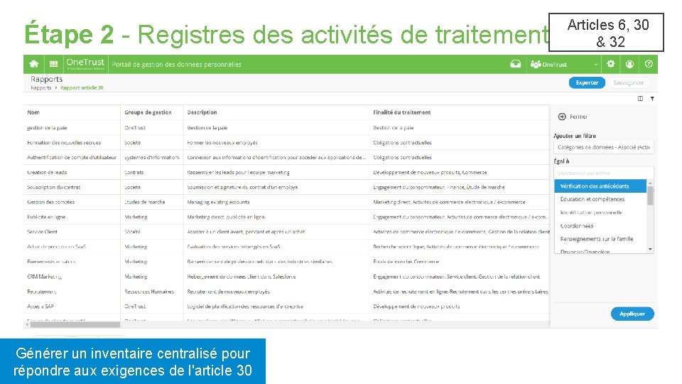 Étape 2 - Registres des activités de traitement • ? Générer un inventaire centralisé