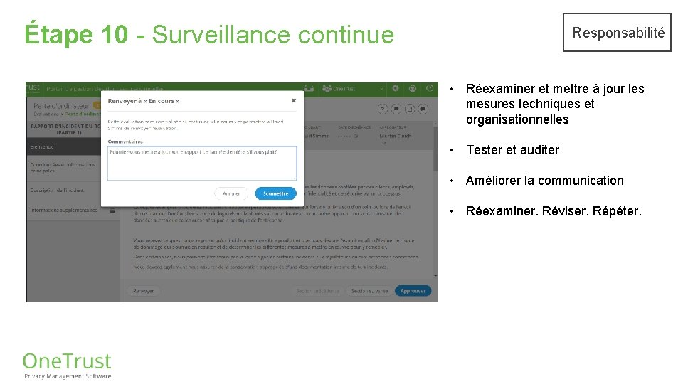 Étape 10 - Surveillance continue Responsabilité • Réexaminer et mettre à jour les mesures