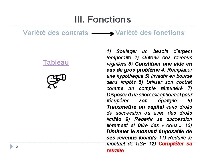 III. Fonctions Variété des contrats Tableau 5 Variété des fonctions 1) Soulager un besoin