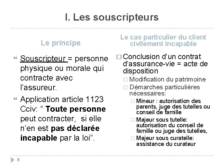 I. Les souscripteurs Le principe Souscripteur = personne physique ou morale qui contracte avec