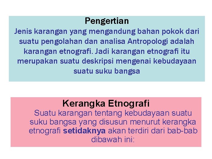 Pengertian Jenis karangan yang mengandung bahan pokok dari suatu pengolahan dan analisa Antropologi adalah