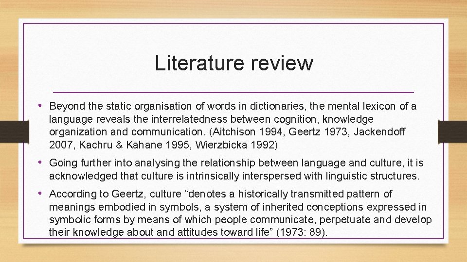 Literature review • Beyond the static organisation of words in dictionaries, the mental lexicon
