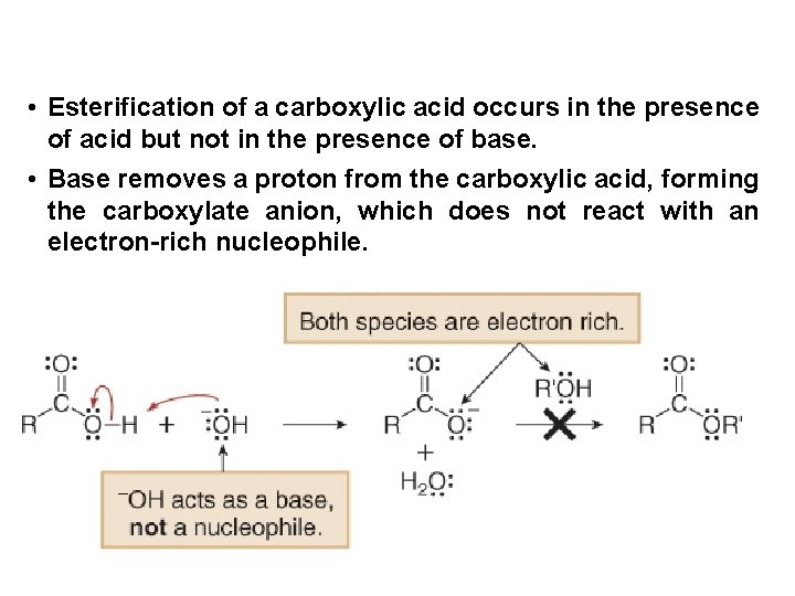  • Esterification of a carboxylic acid occurs in the presence of acid but