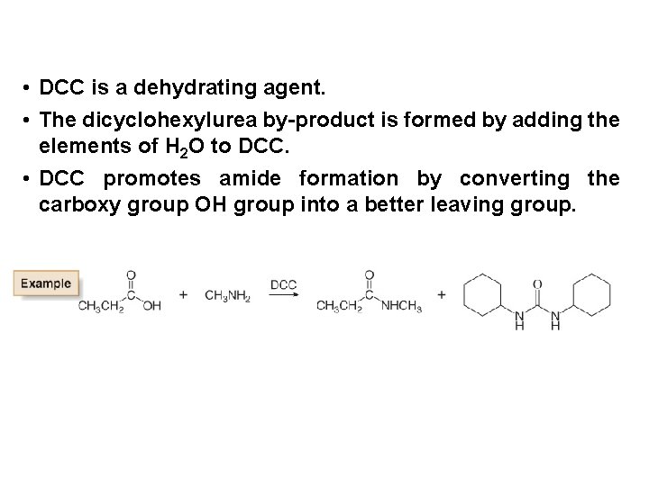  • DCC is a dehydrating agent. • The dicyclohexylurea by-product is formed by