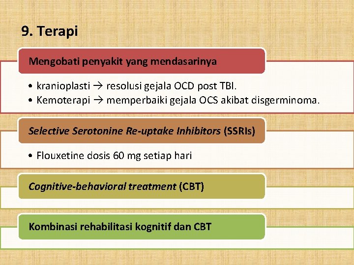 9. Terapi Mengobati penyakit yang mendasarinya • kranioplasti resolusi gejala OCD post TBI. •