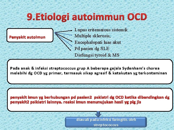 9. Etiologi autoimmun OCD Lupus eritematous sistemik Multiple sklerosis, Encephalopati luas akut Pd pasien