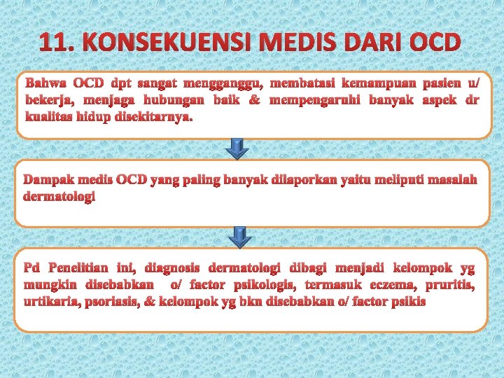 11. KONSEKUENSI MEDIS DARI OCD Bahwa OCD dpt sangat mengganggu, membatasi kemampuan pasien u/