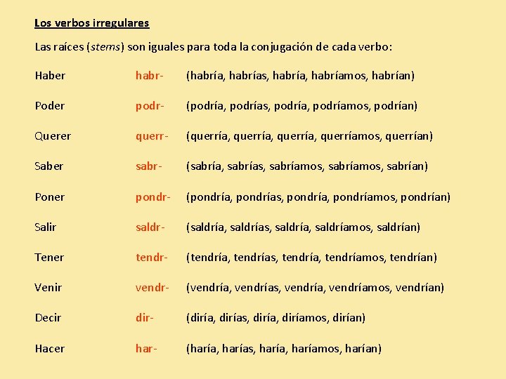 Los verbos irregulares Las raíces (stems) son iguales para toda la conjugación de cada