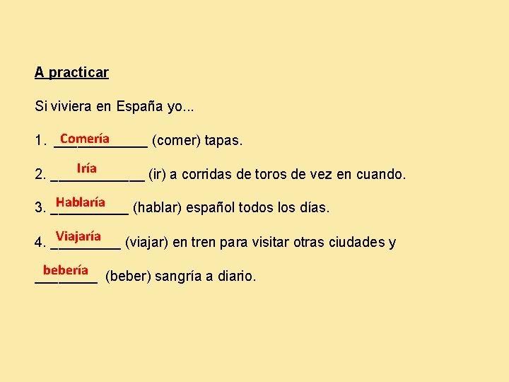 A practicar Si viviera en España yo. . . Comería 1. ______ (comer) tapas.