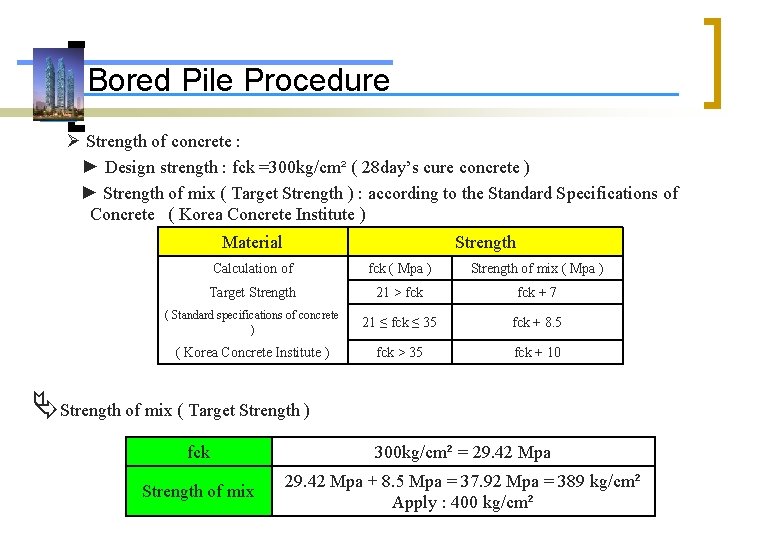 Bored Pile Procedure Strength of concrete : ► Design strength : fck =300 kg/cm²