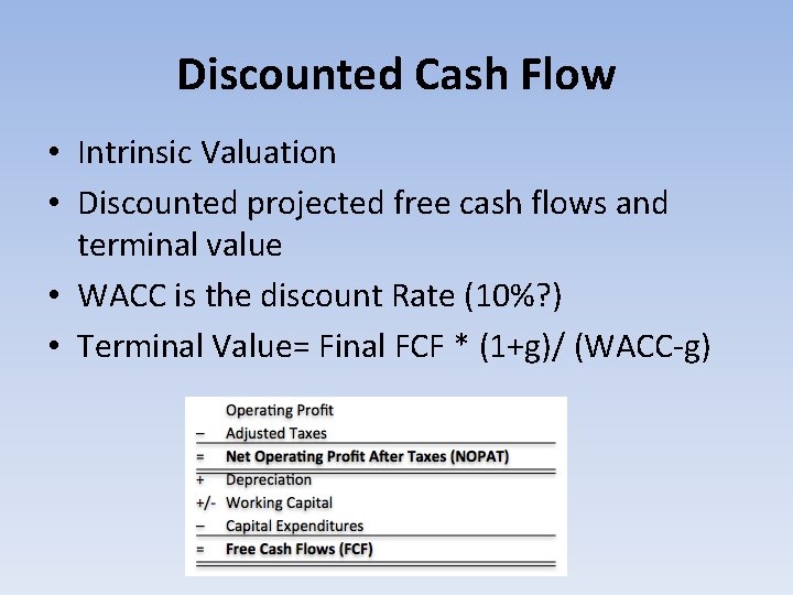 Discounted Cash Flow • Intrinsic Valuation • Discounted projected free cash flows and terminal