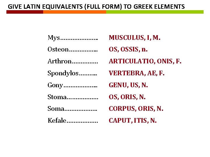GIVE LATIN EQUIVALENTS (FULL FORM) TO GREEK ELEMENTS Mys…………………. MUSCULUS, I, M. Osteon……………. . GIVE LATIN EQUIVALENTS (FULL FORM) TO GREEK ELEMENTS Mys…………………. MUSCULUS, I, M. Osteon……………. .