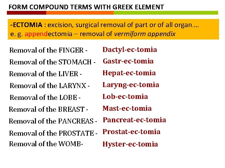 FORM COMPOUND TERMS WITH GREEK ELEMENT -ECTOMIA : excision, surgical removal of part or FORM COMPOUND TERMS WITH GREEK ELEMENT -ECTOMIA : excision, surgical removal of part or