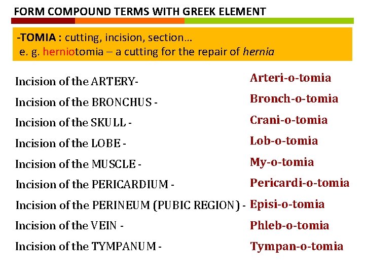FORM COMPOUND TERMS WITH GREEK ELEMENT -TOMIA : cutting, incision, section… e. g. herniotomia FORM COMPOUND TERMS WITH GREEK ELEMENT -TOMIA : cutting, incision, section… e. g. herniotomia