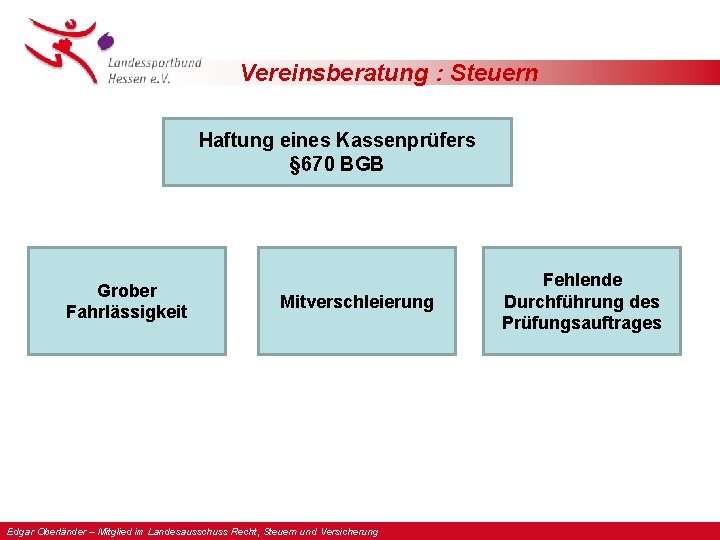 Vereinsberatung : Steuern Haftung eines Kassenprüfers § 670 BGB Grober Fahrlässigkeit Mitverschleierung Edgar Oberländer