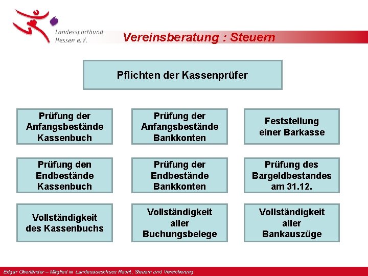 Vereinsberatung : Steuern Pflichten der Kassenprüfer Prüfung der Anfangsbestände Kassenbuch Prüfung der Anfangsbestände Bankkonten