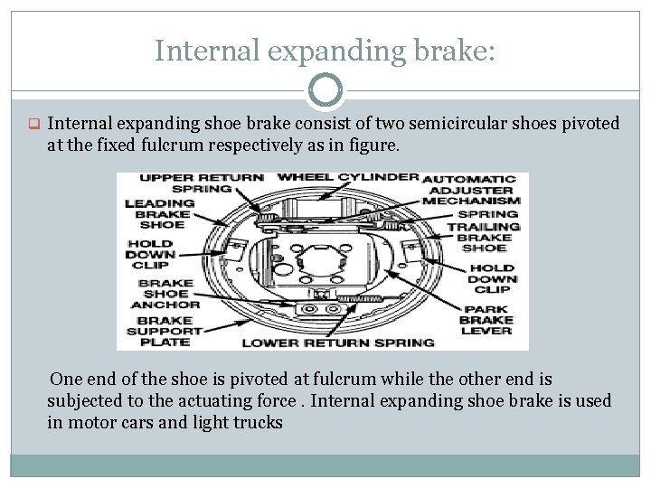 Internal expanding brake: q Internal expanding shoe brake consist of two semicircular shoes pivoted