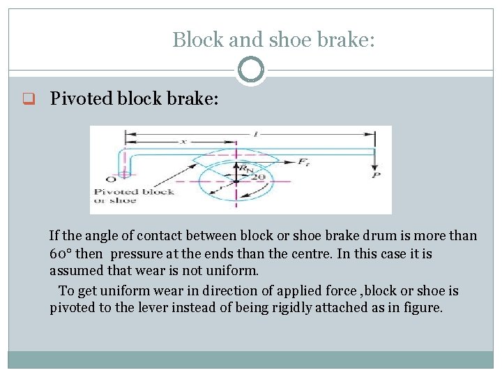 Block and shoe brake: q Pivoted block brake: If the angle of contact between