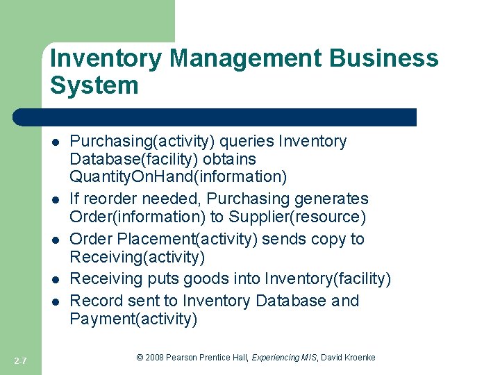 Inventory Management Business System l l l 2 -7 Purchasing(activity) queries Inventory Database(facility) obtains Inventory Management Business System l l l 2 -7 Purchasing(activity) queries Inventory Database(facility) obtains