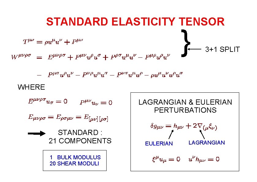 STANDARD ELASTICITY TENSOR } 3+1 SPLIT WHERE LAGRANGIAN & EULERIAN PERTURBATIONS STANDARD : 21