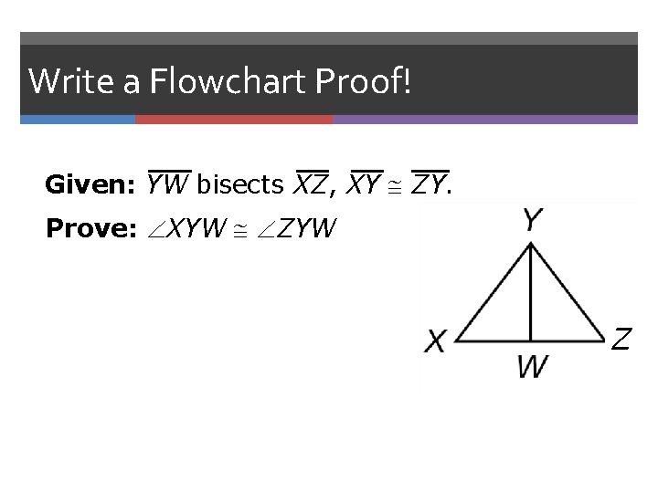 Write a Flowchart Proof! Given: YW bisects XZ, XY ZY. Prove: XYW ZYW Z