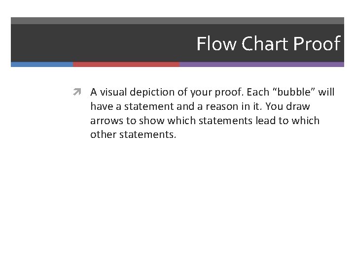 Flow Chart Proof A visual depiction of your proof. Each “bubble” will have a