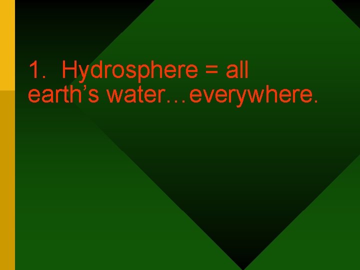 1. Hydrosphere = all earth’s water…everywhere. 