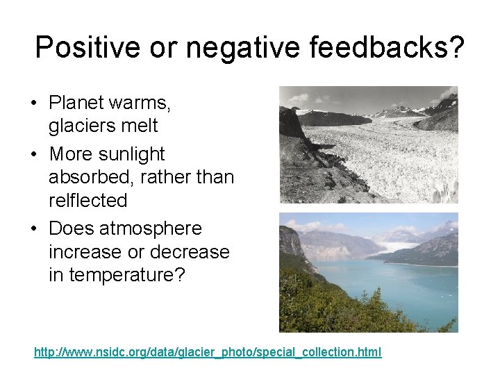 Positive or negative feedbacks? • Planet warms, glaciers melt • More sunlight absorbed, rather