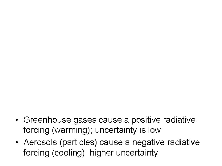  • Greenhouse gases cause a positive radiative forcing (warming); uncertainty is low •