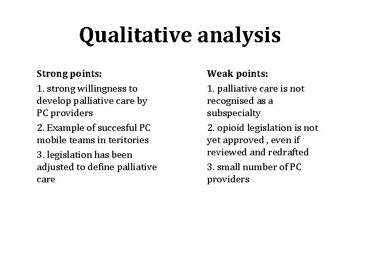 Qualitative analysis Strong points: 1. strong willingness to develop palliative care by PC providers