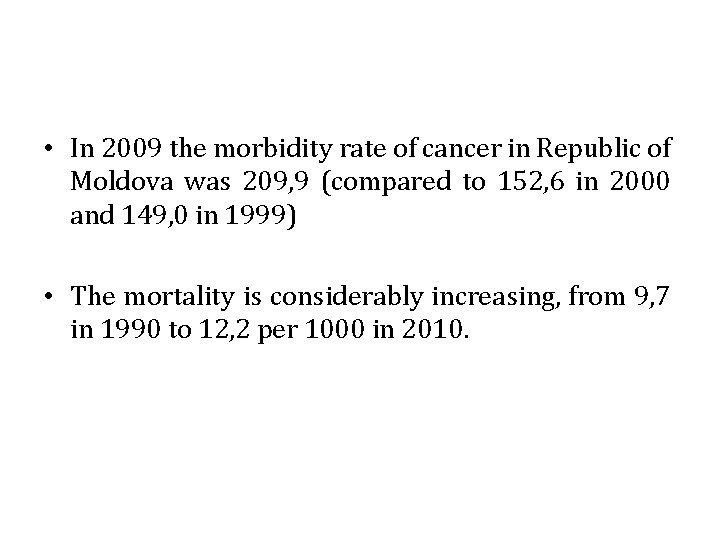  • In 2009 the morbidity rate of cancer in Republic of Moldova was